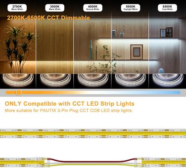 Світлодіодна стрічка PAUTIX COB CCT Теплий білий Холодний білий, 10 М з можливістю затемнення 2700K-6500K з інтелектуальним керуванням додатком 6400 світлодіодів Набір світлодіодних стрічок 24 В із блоком живлення, CRI93 Супер яскравий для кухні Телевізор