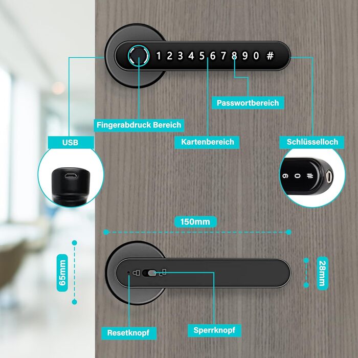 Дверний замок з відбитком пальця, Smart Lock, електронний замок - відкриття ключем, замок з відбитком пальця, магнітна карта та додаток, двостороннє встановлення, аварійне живлення через USB - двері між 35-55 мм