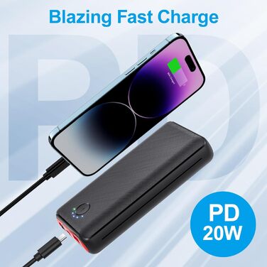 Зовнішній акумулятор PD 20W USB C Power Bank з ліхтариком, портативний зарядний пристрій Сумісний з iPhone 15 14 13 12 Pro Samsung Huawei iPad, 27000mAh 22.5W