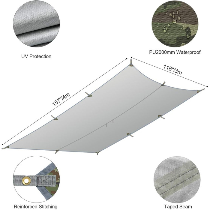 М Водонепроникний брезент Ультралегкий з люверсами 6 кілочків 6 мотузок, анти-ультрафіолетовий захист від снігу дощу Легкий компактний для гамака кемпінгу піших прогулянок пікніків подорожей на природі Камуфляж, 3x4