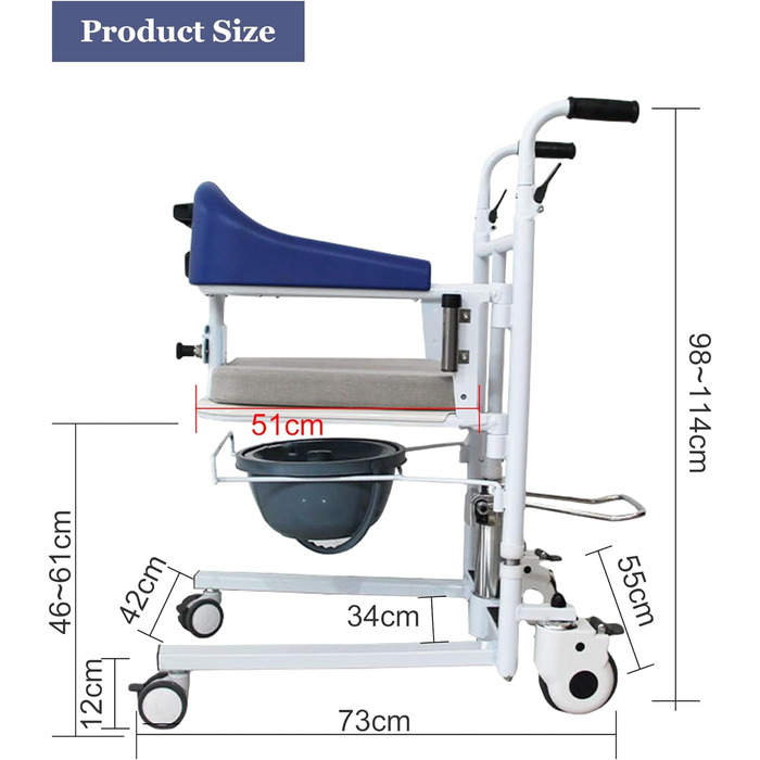 Гідравлічне крісло для перенесення пацієнта з розділеним сидінням на 180 для дому, багатофункціональне перенесення інвалідного крісла, регульована висота сидіння, крісло для душу зі спинкою та горщиком, Toile