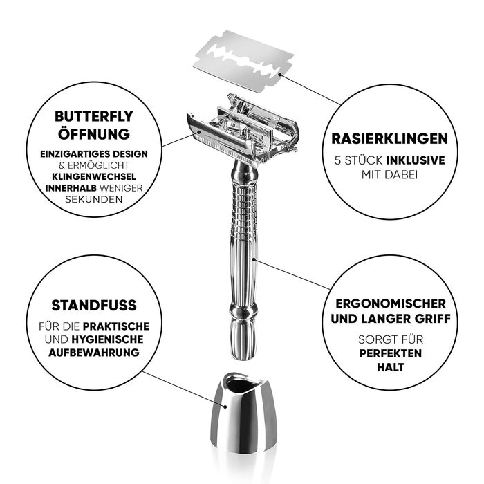 Набір бритви Socialic Safety з 5 лезами та тримачем Безпечна бритва з високоякісного металу для жінок та чоловіків Волога бритва для дбайливого гоління Бритва, ідеально підходить для видалення волосся Дерев'яна ручка
