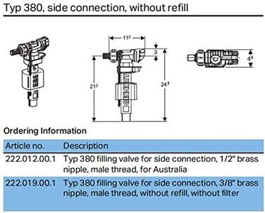 Бічний заливний клапан Geberit Impuls 380, бачок унітазу 10 мм (3/8 дюйма), латунні впускні клапани