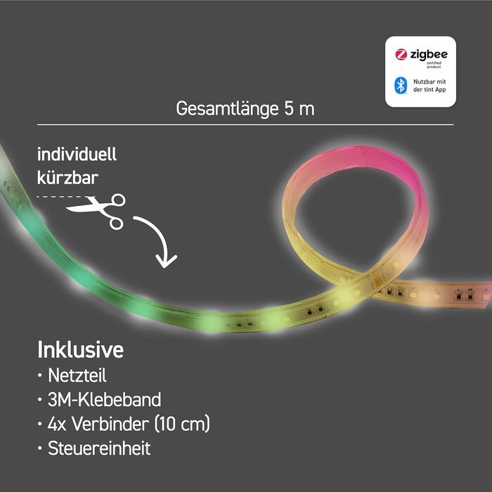 Тонування Розумніша світлодіодна стрічка, біле світло для непрямого освітлення, зміна кольору, затемнення, довжина, 18 Вт, BluetoothZigbee, працює з Alexa (білий і кольоровий, 5 м)