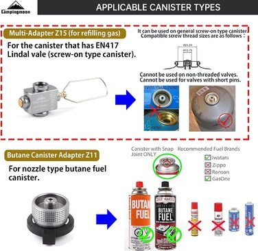 Адаптер для газових балонів Campingmoon Адаптер для заправки газу Адаптер для бутанового гвинтового клапана Адаптер для похідної плити Адаптер для каністри з клапаном Lindal Z-15 Z-11