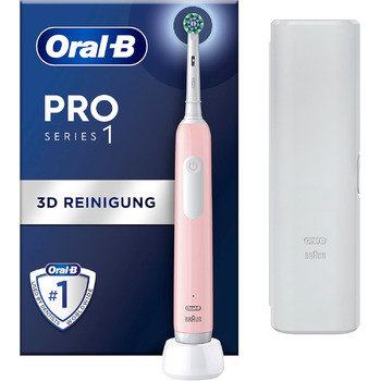 Електрична зубна щітка Oral-B Pro Series 1, 1 щітка, 3 режими чищення та датчик тиску для догляду за зубами, дорожній кейс, дизайн від Braun, рожевий