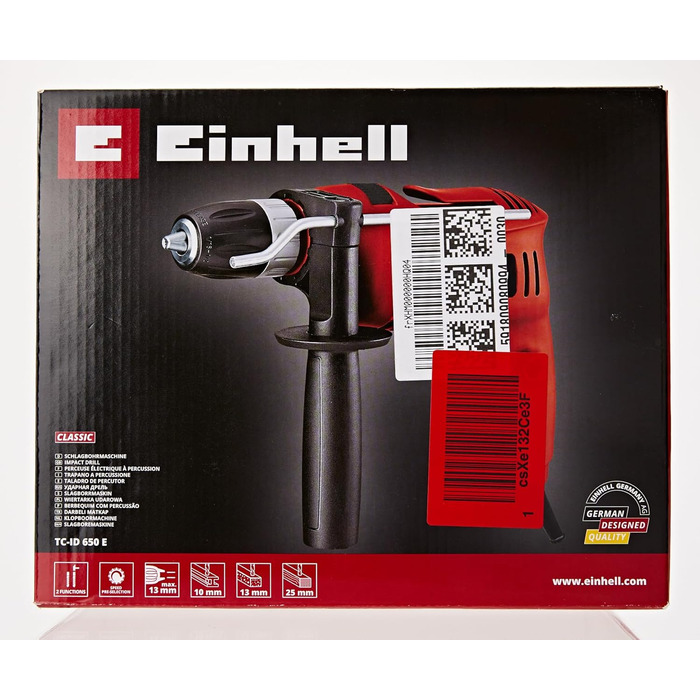 Ударний дриль Einhell TC-ID 650 E (650 Вт, свердління Ø деревини 25 мм, бетону 13 мм, металу 10 мм, обмежувач глибини по металу, гачок для ременя)