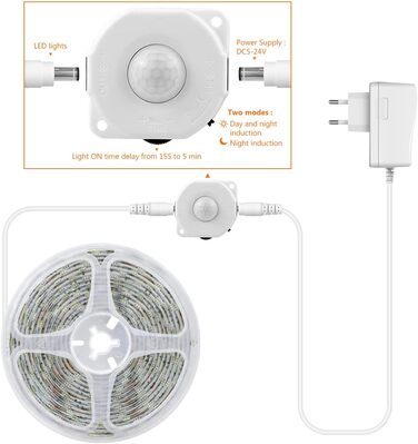 Світлодіодна стрічка AIMENGTE з датчиком руху та джерелом живлення, водонепроникна світлодіодна стрічка IP65 SMD5050 світлодіодні стрічки Освітлення ідеально підходить для кухні, під шафою, сходів (5 м, теплий білий) теплий білий 5 м