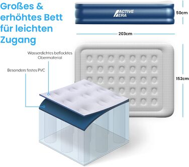 Надувне ліжко преміум-класу Active Era на 2 особи, надувний матрац самонадувний з вбудованим електричним насосом і вбудованою подушкою, надувний матрац для кемпінгу та гостьового ліжка - 203 x 152 x 43 см двоспальне