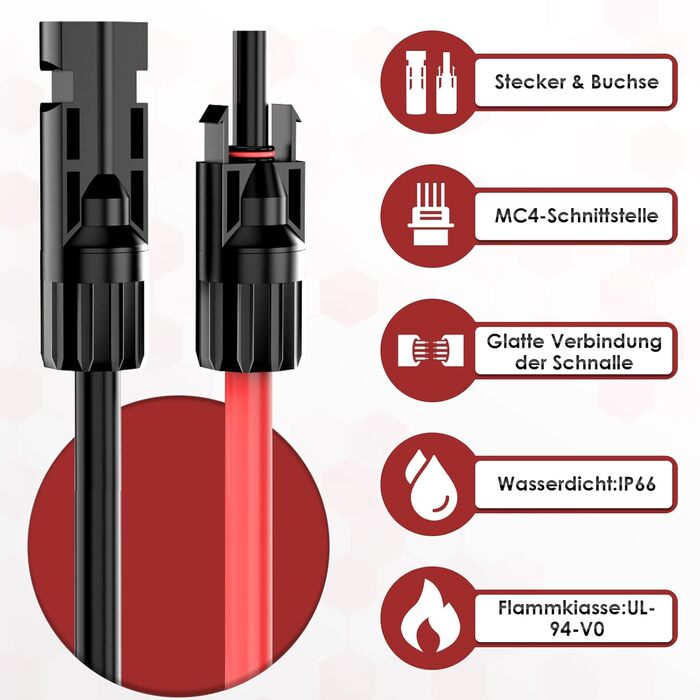 Сонячний кабель 6 мм - 3 м, подовжувач сонячного кабелю, подовжувач MC4, термін служби, 25 років, для компонентів сонячної системи, для внутрішнього використання на вулиці (червоний/чорний) Сонячний кабель 6 мм- 3 м