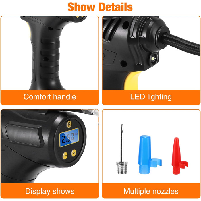 Електричний повітряний насос SUNJULY, портативний повітряний компресор із цифровим манометром, акумуляторний електричний компресорний велосипедний насос зі світлодіодним підсвічуванням і 3 форсунками для автомобіля, мотоцикла, велосипеда та м'яча