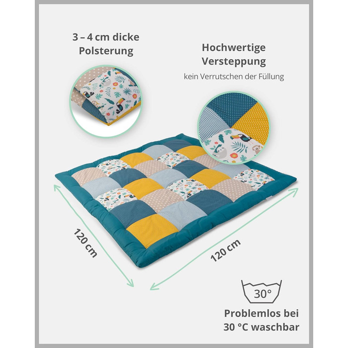 Ігровий килимок ULLENBOOM для дитини 120x120 см, 100 матеріали Oeko-TEX, виготовлений в ЄС, товста та м'яка підкладка, - ідеально підходить як дитяча ковдра та ігрова ковдра для дитини (джунглі, 120 x 120 см)