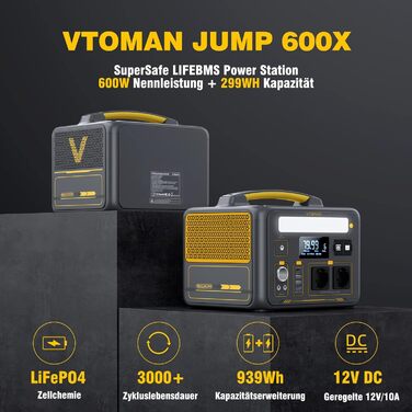 Портативна електростанція VTOMAN Jump 600X 600 Вт - 299 Втгод Акумуляторний генератор LiFePO4 Мобільний накопичувач енергії з 2 виходами змінного струму з чистою синусоїдою, розширюється ємність для аварійного стрибка в кемпінгу600X