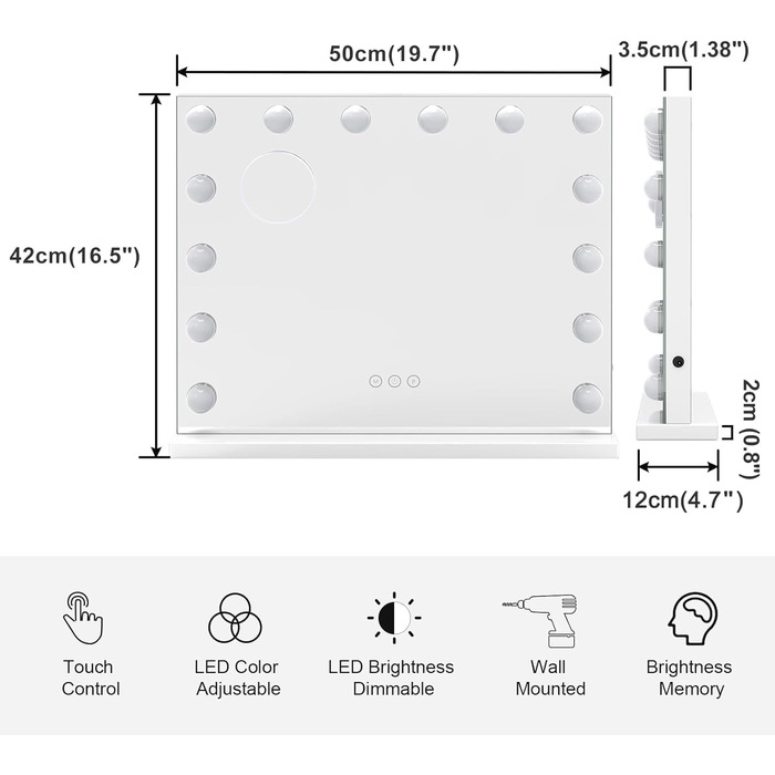 Дзеркало для макіяжу Dripex Hollywood, дзеркало для макіяжу з 14 лампами і 3 колірними температурами світла, голлівудське дзеркало з підсвічуванням, дзеркало для макіяжу з сенсорним управлінням, 50 x 42 см Білий Білий 50L x 42B см