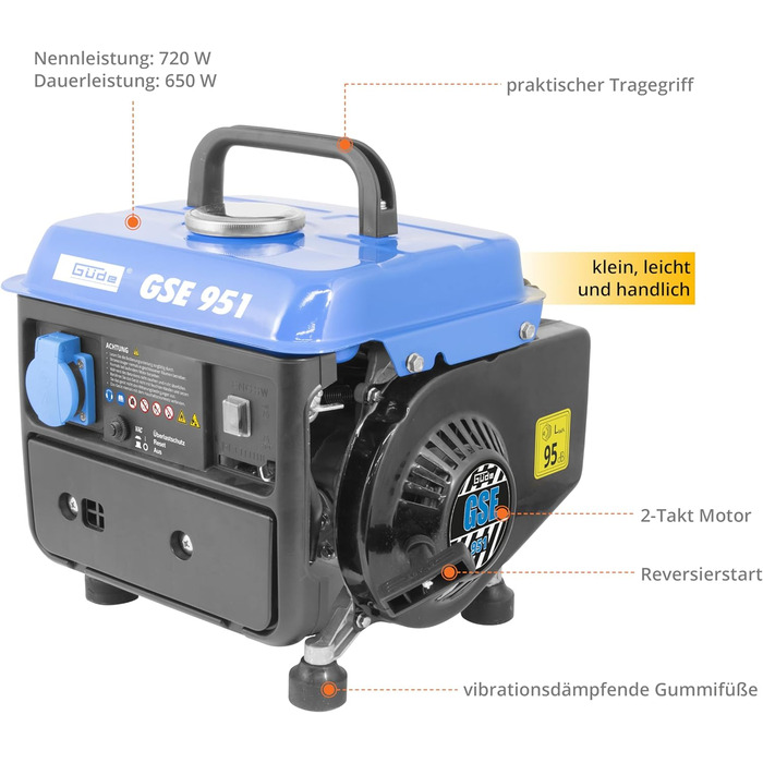 Електрогенератор Gde GSE 951 (2-тактний двигун, бензиновий, 1/1,36 (кВт/к.с.), розетка 230 В, макс. 720 Вт, час роботи до 7,5 год, бак 3,8 л, запуск заднім ходом, ручка для перенесення, вага 15,85 кг)