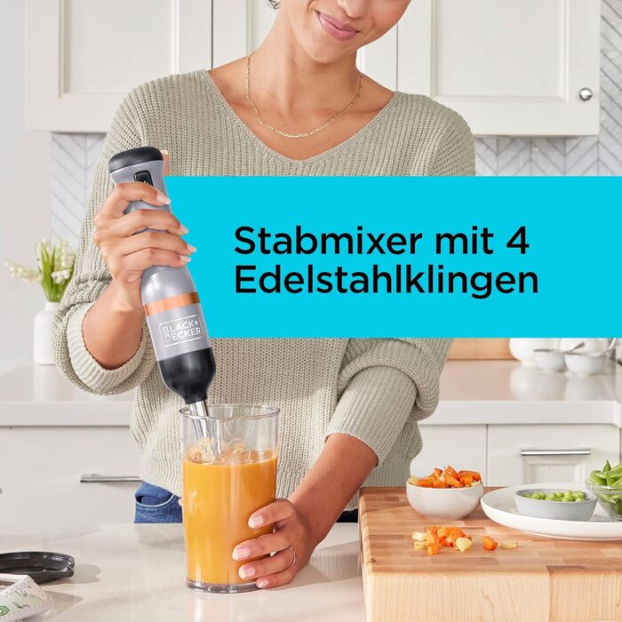 Ручний блендер BlackDecker Kitchen Wand BCKM1011KGF (7,2 Вольта, акумуляторний блендер, з 5 рівнями потужності, в наборі з чашкою для ножа та зарядним пристроєм на 700 мл)