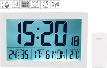 Настінний годинник радіокерований годинник XL з подвійним будильником, термо/гігрометром, днем і датою, білий (радіокерований годинник Jumbo, цифровий настінний годинник, метеостанція XXL)