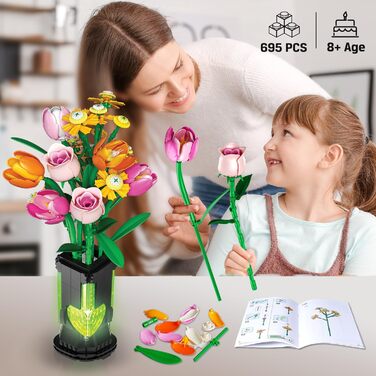 9 Flower Buquet Construction Blocks 695 Pieces, Botanical Collection Construction Kit Plants Home Decoration, Birthday Birthday for Women Children Girls from 8, 9 Flower Buquet Construction Blocks 695 Pieces, Botanical Collection Construction Kit Plants H