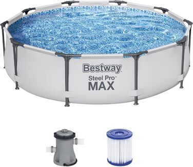 Комплект каркасного басейну Bestway Steel Pro MAX з фільтруючим насосом Ø 305 x 76 см, світло-сірий, круглий одинарний