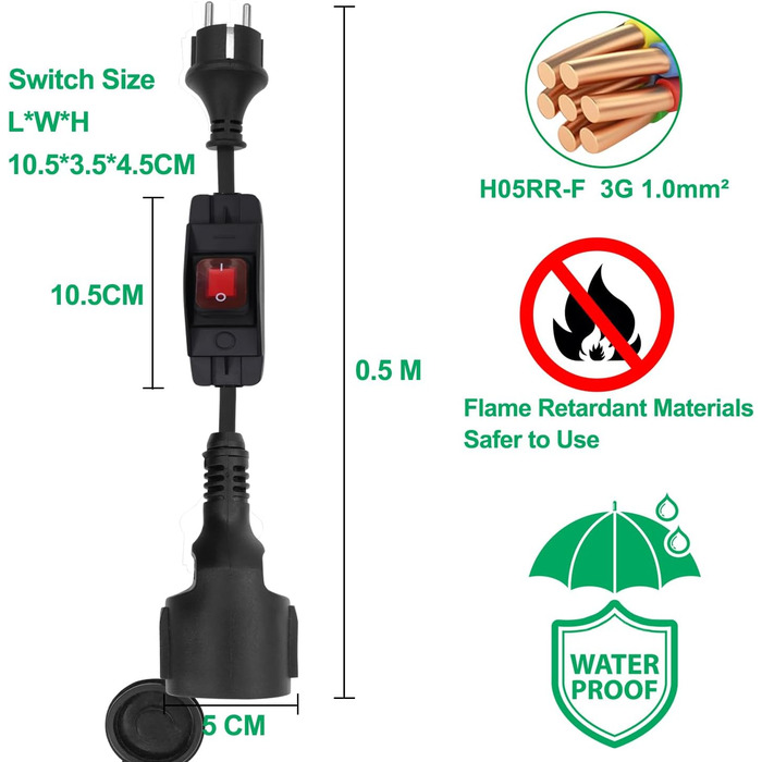 Подовжувач HuaLiSiJi з вимикачем Подовжувач Короткий подовжувач IP44 Outdoor16A 250V, для вулиці або приміщення, будинку, офісу (1м)