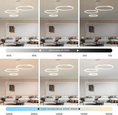 Металева світлодіодна люстра WayLuoung 3 кола 204060см Стельовий підвісний світильник з кільцями 45 Вт, пульт дистанційного керування з регулюванням яскравості 3000-6000K, підвісний світильник з акриловим абажуром, вітальня, спальня, фойє, їдальня (білий,