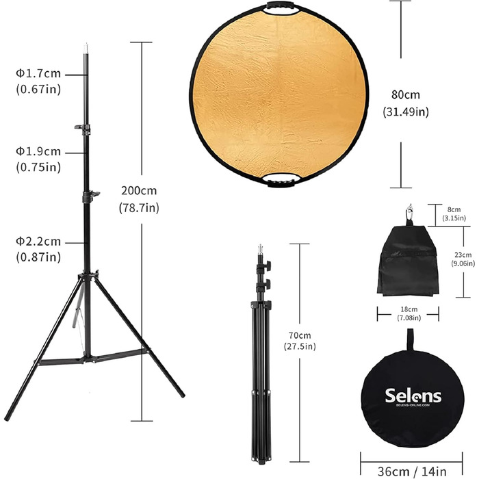 Рефлектор для фотографії Selens 5-в-1 80 см Круглий складаний рефлектор 200 см світлова підставка мішок з піском висувний тримач, носимий дифузор золотий/сріблястий/білий/чорний і прозорий відбивач з ручкою 80 см круглий відбивач