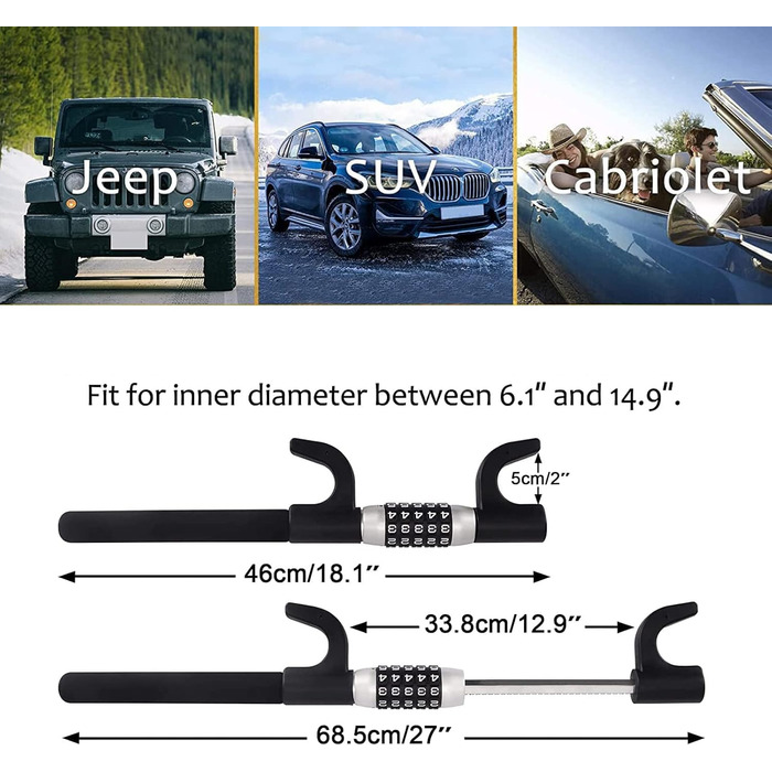 Кіготь рульового колеса, Блокування керма для автомобіля з кодовим замком, висувний автомобільний протиугінний пристрій для легкового автомобіля Кермо від 6.1 до 14.9 дюймів