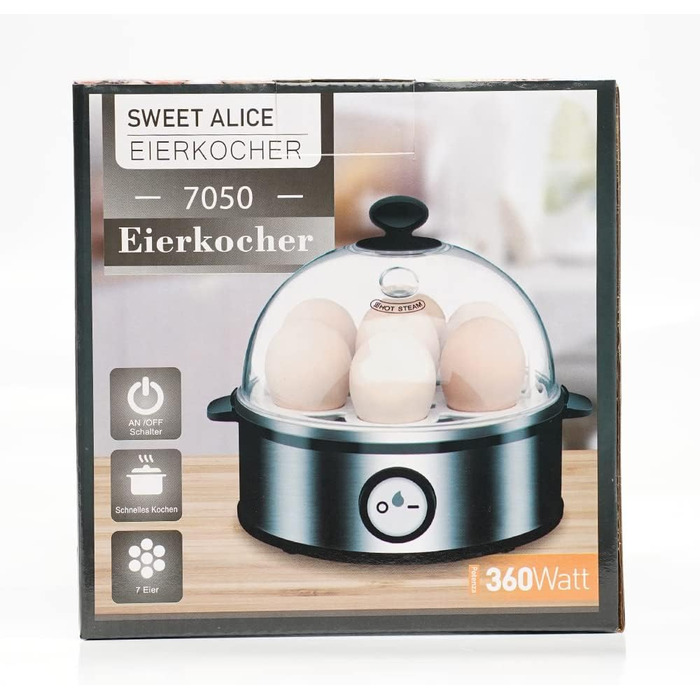 Солодка Alice Egg Cooker з нержавіючої сталі, переможець тесту яйцеварки, яйцеварка на 1-7 яєць з налаштуванням рівня твердості, світлова індикація автоматичного вимкнення, мірна чашка, захист від перегріву, без бісфенолу А, 360 Вт