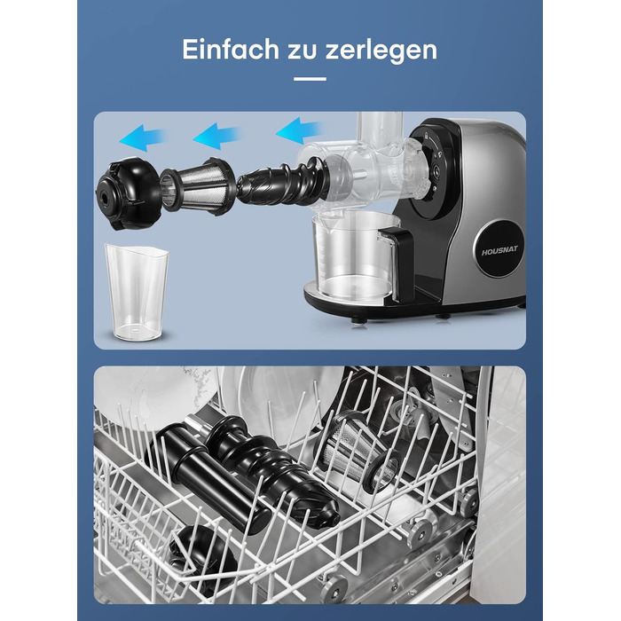 Повільна соковижималка HOUSNAT, соковижималка для овочів і фруктів, професійна соковижималка з тихим двигуном Функція реверсу Глечик для соку Щітка для чищення 2 фільтруючі елементи, без бісфенолу А (срібло)