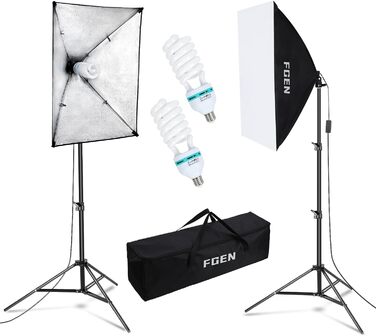 Набір фотостудії Softbox, освітлення FGen Photo Light 2x50x70 см для фотостудій з базовою фотолампою E27 135 Вт 5500K і штативами 2M з регульованим світлом для студійних портретів, предметної фотозйомки 2x135 Вт Softbox