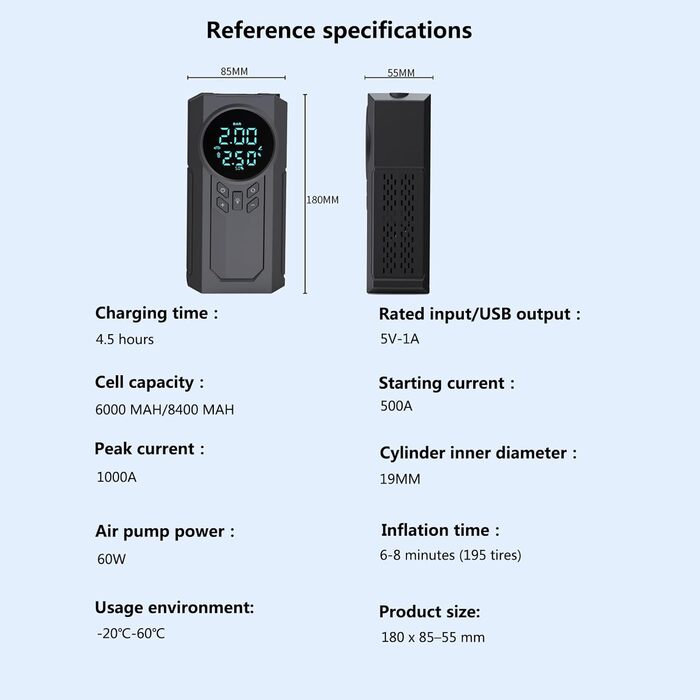 Електричний повітряний насос Topchance з акумулятором 6000 мАг, портативний повітряний компресор Mini з цифровим дисплеєм і аварійним світлом для автомобіля, велосипеда, мотоцикла, м'ячів, акумулятора USB-C, як павербанк 8400 мАг