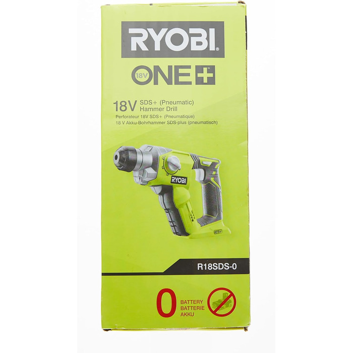 Акумуляторний перфоратор RYOBI 18 В ONE R18SDS-0 (енергія удару 1,3 Дж, макс. Діаметр свердління в дереві/цегляній кладці/сталі 16/16/13 мм, без акумулятора та зарядного пристрою) без акумулятора зарядний пристрій