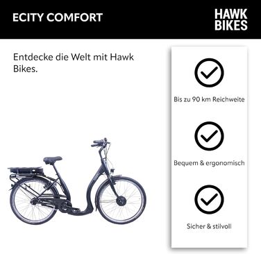 Чоловічий та жіночий електронний велосипед HAWK eCity Comfort 250 Вт I Велосипед з алюмінієвою рамою I Велосипед чоловічий 26-дюймовий з низьким входом 7-швидкісними втулковими шестернями