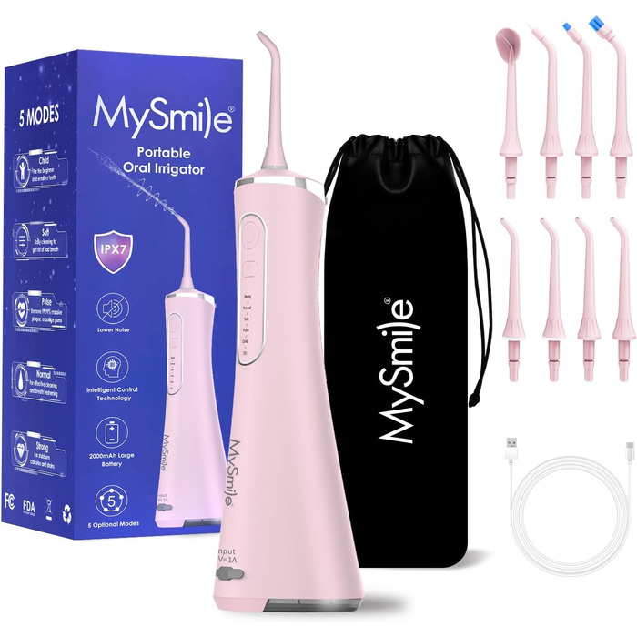 Бездротовий іригатор для порожнини рота MySmile Water Floss для зубів 5 режимів чищення 8 змінних насадок Jet Tips IPX 7 Водонепроникні USB-акумуляторні водяні зубочистки для чищення зубів з PU мішком Pink Pink-a