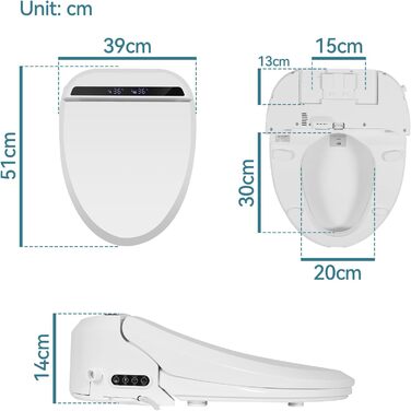 Інтелектуальна кришка унітазу, сидіння унітазу з механізмом плавного закриття, розумне сидіння для біде, підігрів, змив теплою водою, сильний і слабкий масаж, сушка теплим повітрям (кнопковий тип) Пульт дистанційного керування білого кольору
