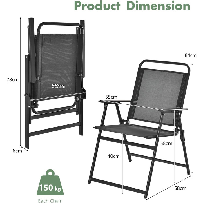 Комплект з 4 розкладних стільців, переносні садові стільці з високою спинкою, балконні стільці з нековзними ніжками, кемпінгові крісла вантажопідйомністю до 150 кг, терасні крісла для саду, патіо, пляжу