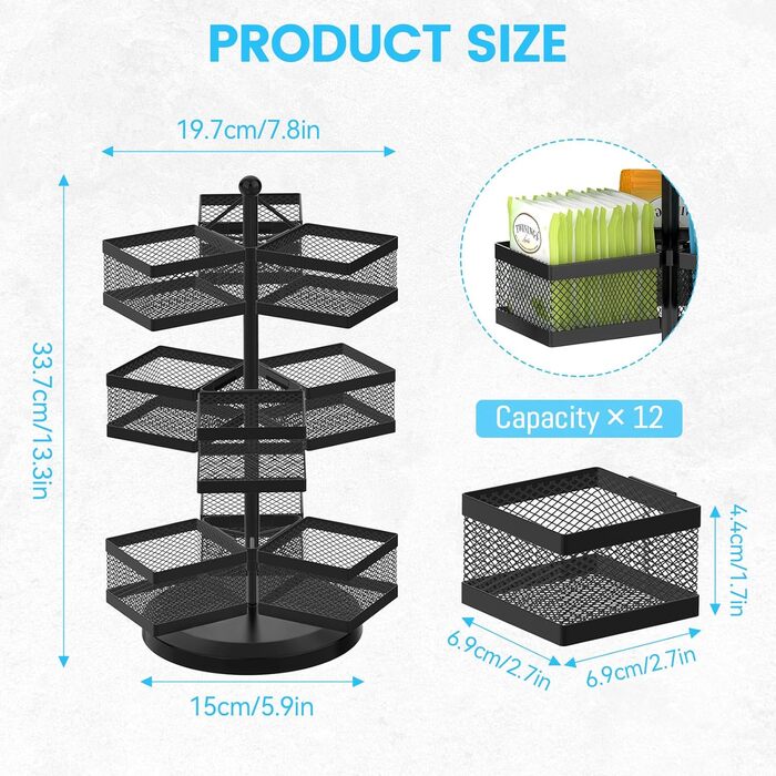 Металевий тримач для чайних пакетиків, поворотні чайні коробки для чайних пакетиків Чайна коробка велика з 9 відділеннями, підставка для чаю Коробка для зберігання чайних пакетиків Органайзер для чаю на 108 чайних пакетиків (чорний) чорний, 3 яруси