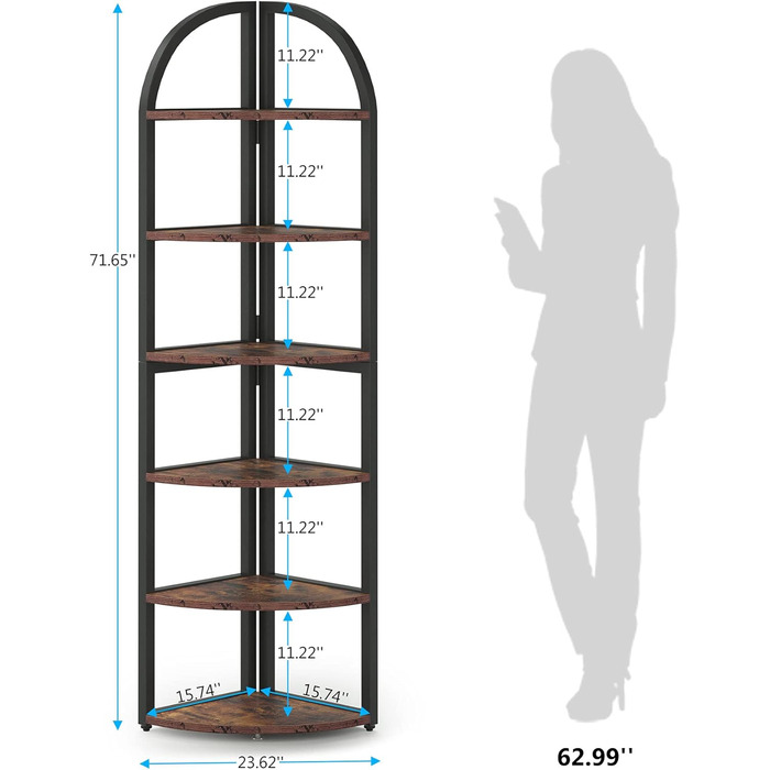 Кутова полиця Tribesigns, Книжкова шафа з 6 ярусами, Полиця для зберігання, Полиця для зберігання зі сталевим каркасом, 42x42x180см, Полиця для рослин для вітальні, Промисловий дизайн, вінтажний коричнево-чорний