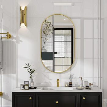 Дзеркало Koonmi Oval Bathroom Mirror Gold, 43 x 76 см Овальне настінне дзеркало із загартованого скла, туалетне дзеркало без спотворень, горизонтальне або вертикальне підвісне для спальні, передпокою, вітальні золотого кольору 76x43