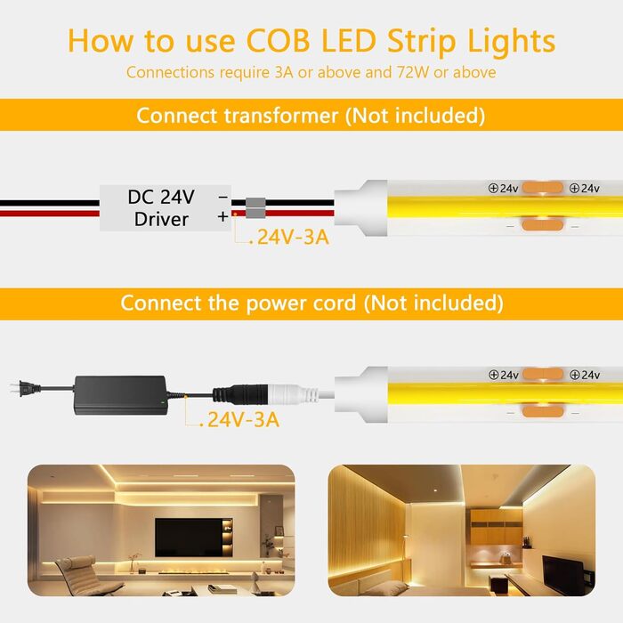 Світлодіодна стрічка YOODI COB 5M, світлодіодна стрічка 24V 3000K тепла біла з радіочастотним пультом дистанційного керування та 8 режимами, світлодіодна стрічка CRI 95 з можливістю затемнення, клейка світлодіодна стрічка для спальні, вітальні, кухні, при