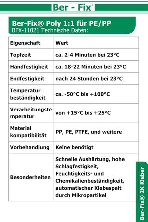 Клей Ber-Fix 6x50g 2K Poly 11 PE PP, будівельний клей для поліпропілену (PP) та поліетилену (PE), без грунтовки, швидке затвердіння, в т.ч. 6 порад для змішування, міцний двокомпонентний пластиковий клей Пістолет не в комплекті Стандарт 6