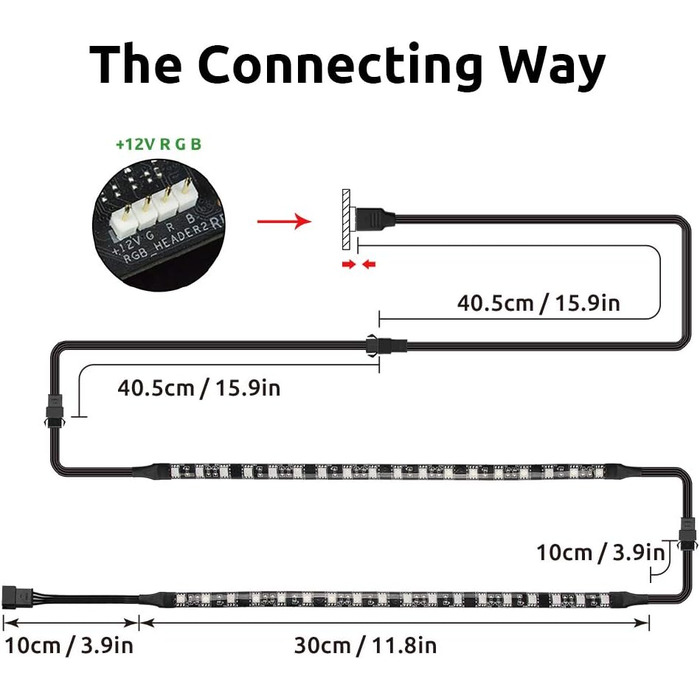 Внутрішнє освітлення RGB світлодіодна стрічка Керування материнською платою, 12 В 4-контактний RGB, сумісний з Asus Aura, Asrock RGB Led, Gigabyte RGB Fusion, MSI Mystic Light, 30 см (2 смужки Rgb)
