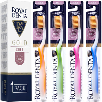 Зубні щітки Royal Denta Gold з м'якою щетиною 4 упаковки - щетинки подвійної довжини для ефективного чищення міжзубних проміжків, частинки золота проти бактерій, м'яка щітка для чутливих зубів, багатобарвна ука (4 упаковки)