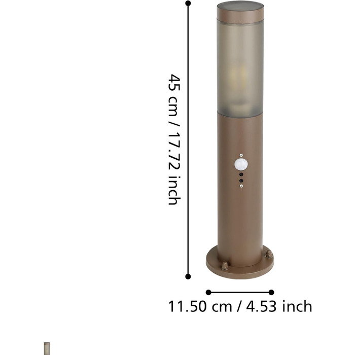 Світлодіодний вуличний доріжковий світильник EGLO Гельсінкі, 1 полум'я зовнішнє світло, тракт-світильник з нержавіючої сталі та пластику, білий, цоколь E27, IP44 (іржаво-коричневий, траєкторія світла H 45 см з датчиком)