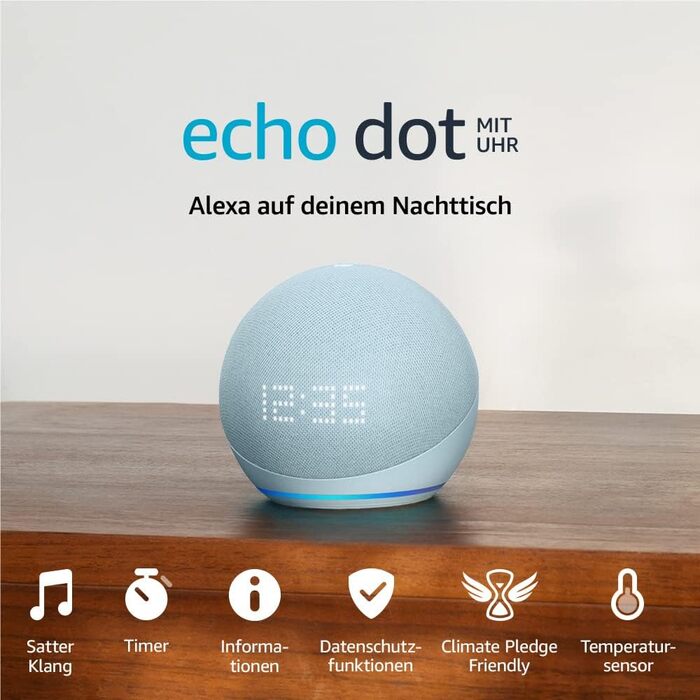 Сертифікований оновлений Echo Dot (5 покоління, 2022) із годинником Розумна колонка з годинником і Alexa сіро-блакитний