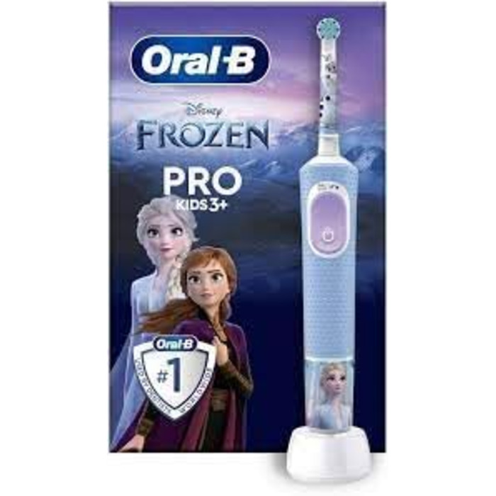 Електрична зубна щітка Oral-B Pro Kids, 1 насадка для зубної щітки, 4 заморожені наклейки, 2 режими зі зручним для дітей, чутливий режим, для дітей від 3 років, 2-контактна вилка UK, синя без дорожнього футляра або з додатковими заправками Frozen