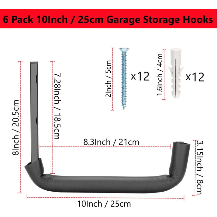 Гачок для гаража, 25,4 см, міцне зберігання в гаражі, вішака для інструментів, настінне кріплення, гачок для зберігання садових інструментів, драбин, велосипедів, громіздких предметів