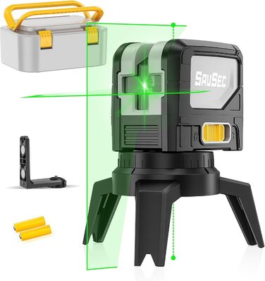 Лінійний лазер Savsec Green Cross з 2 точками виска, лазерний рівень (110 H180 V) самовирівнювання, робочий діапазон лінія 25 м / точка 60 м, вкл. кейс для перенесення