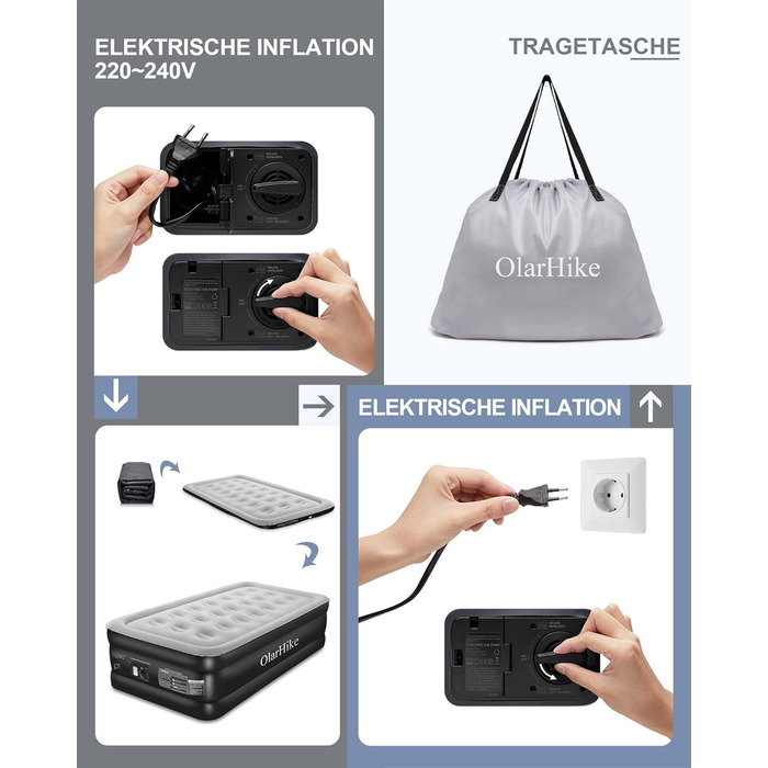 Надувний матрац OlarHike 203 x 152 x 46 см із вбудованим електричним насосом для кемпінгу або домашнього використання чорний