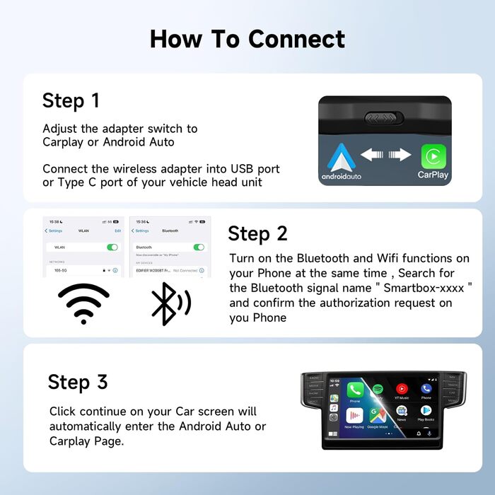 Бездротовий адаптер UrbanHomes 2-в-1 для Apple CarPlay та Android Auto - Компактний і портативний - Безшовне підключення автомобіля - Довічна підтримка клієнтів, 2024 01-Чорний